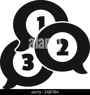 Black and white icon of three speech bubbles with numbers one, two and three, symbolizing communication and ranking Stock Vector