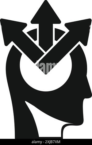 Black silhouette of a businessman head with three arrows pointing up symbolizing decision making Stock Vector