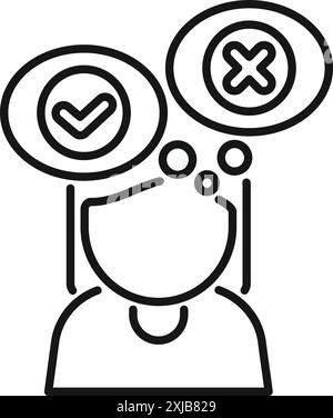Line icon of a person thinking with a checkmark and a cross mark in speech bubbles above their head Stock Vector