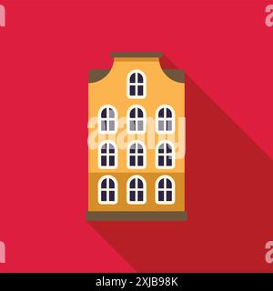 Colorful flat style illustration of a typical dutch narrow building facade casting a long shadow on a red background Stock Vector