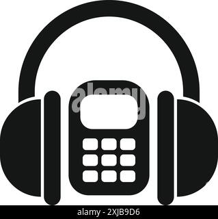 Simple black glyph icon showing headphones holding a mobile phone, representing listening to music or podcasts Stock Vector