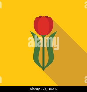 Red tulip with green leaves blooming on a yellow background Stock Vector