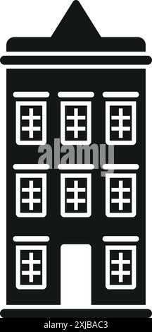 Simple icon of a narrow brick building with many windows standing on foundation Stock Vector