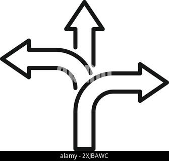 Line drawing of three arrows with two curving away from a single arrow pointing up Stock Vector