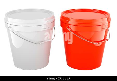 Red and White Paint Buckets. 3D rendering isolated on white background Stock Photo