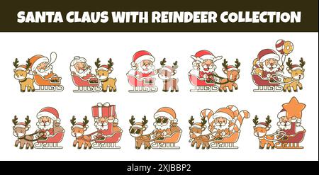 Collection of Santa Claus and reindeer characters in hand drawn style Stock Vector