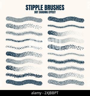 Stipple scatter brush, ink drawing and texturing. Fading gradient. Stippling, dotwork drawing, shading using dots. Halftone disintegration effect Stock Vector