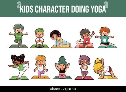 Kids character doing yoga vector illustration set Stock Vector