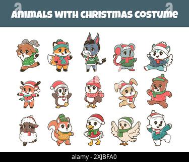 Animals set with christmas costume vector illustration Stock Vector