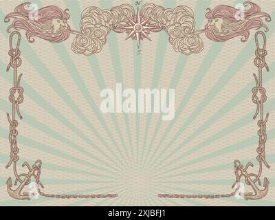 Background with a frame of nautical maps. Fantasy stylish design of an advertising poster. Antique stylized nautical frame with empty space. Stock Vector