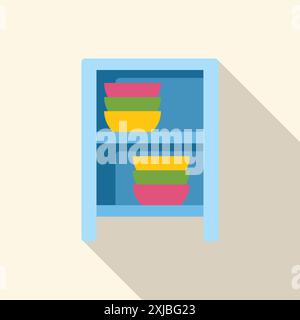 Colorful bowls neatly arranged on a blue cupboard shelf, representing kitchen organization and home decor Stock Vector