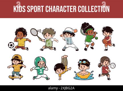 Kids sports character vector illustration set Stock Vector