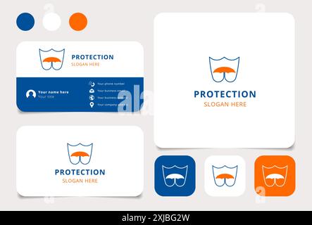 Business card design featuring a shield protecting an umbrella, symbolizing insurance and security Stock Vector