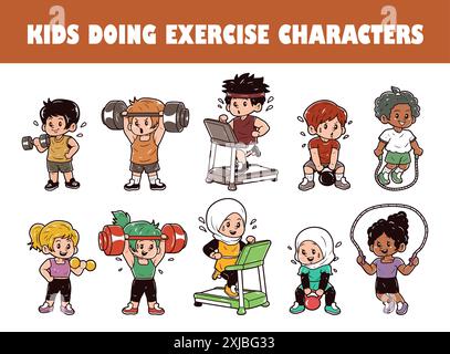 Kids doing exercise character vector illustration set Stock Vector