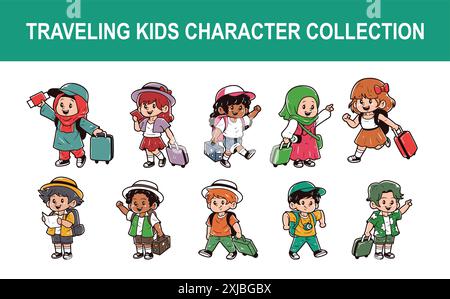 Kids character traveling vector illustration set Stock Vector