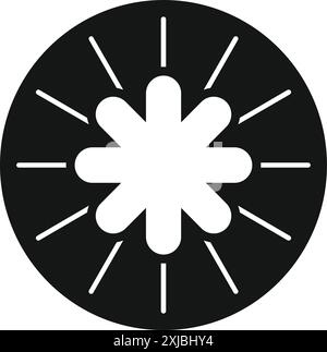 Black and white icon of a round button showing an abstract flower with eight petals Stock Vector