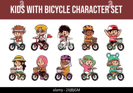 Kids with bicycle character vector illustration set Stock Vector