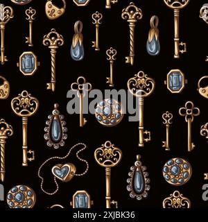 Seamless pattern with jewelry and keys. Vector. Stock Vector