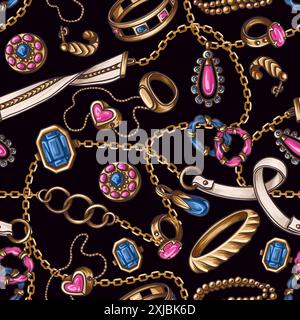 Seamless pattern with jewelry, belt and chain. Vector. Stock Vector