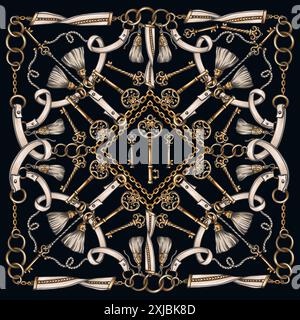 Design scarf with keys, belts and chain. Vector. Stock Vector