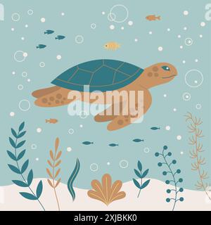 A flat art vector illustration featuring a sea turtle. Stock Vector