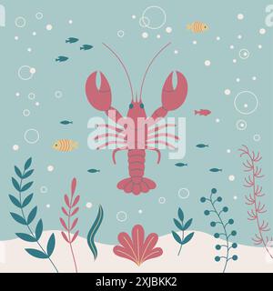 A flat art vector illustration featuring a pink lobster. Stock Vector
