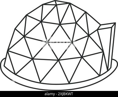 Icon of geodesic dome made of glass. Touristic hand drawn colored drawing for glamping vacation. Flat line style glamping travel logo. Vector Stock Vector