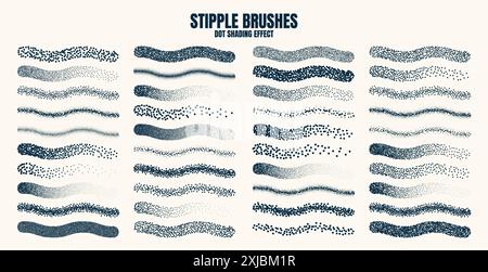 Stipple scatter brush, ink drawing and texturing. Fading gradient. Stippling, dotwork drawing, shading using dots. Halftone disintegration effect Stock Vector