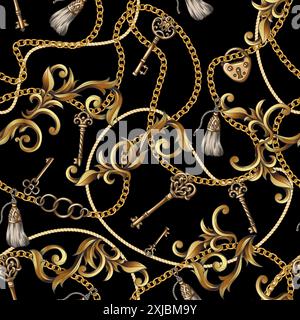 Seamless pattern with keys and baroque elements . Vector. Stock Vector