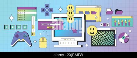 Old desktop pc screen elements in trendy y2k style. Retro computer interface with windows, buttons, message frames, folder with files, game console, mouse cursor and smile face icons. Geek sticker set Stock Vector