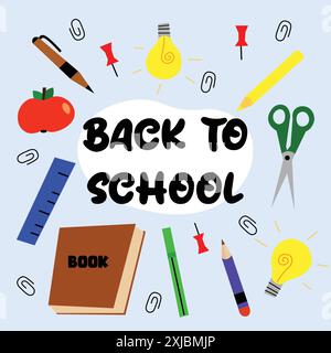 A colorful back to school illustration with essential school supplies Stock Vector