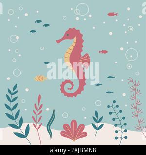 A flat art vector illustration featuring a sea horse. Stock Vector