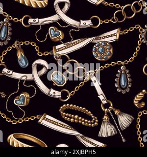Seamless pattern with jewelry, belt and chain. Vector. Stock Vector