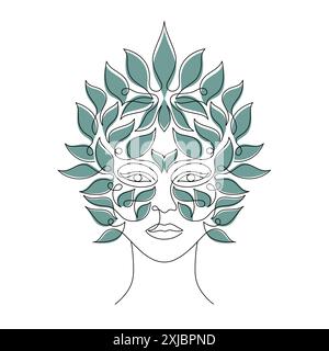 Image features a line drawing of a woman face with green leaves. Stock Vector