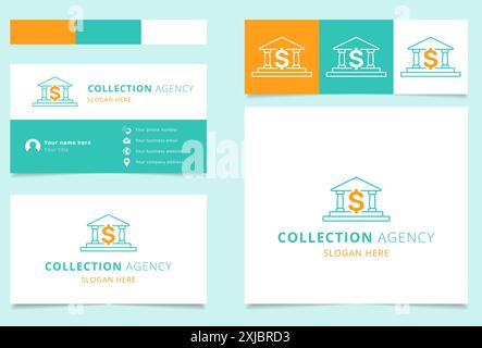 Collection agency logo featuring a blue bank icon with a dollar sign inside on business cards and stationery Stock Vector