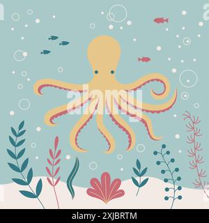 A flat art vector illustration featuring an octopus. Stock Vector