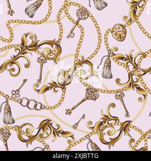 Seamless pattern with keys and baroque elements . Vector. Stock Vector