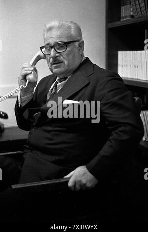 Argentine politician and journalist Rogelio Frigerio during an interview in Buenos Aires, Argentina, December 8th, 1975- Stock Photo