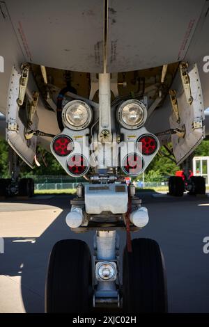 Front view of the nose wheel of a Boeing KC-46A Pegasus transport aircraft, ILA Berlin 2024. Stock Photo
