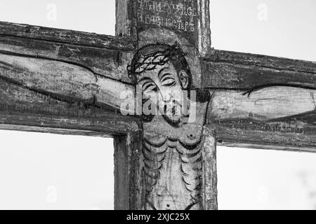 An Byzantine icon depicting crucified Jesus Christ. From a Byzantine church. Currently in a museum in Bardejov. Stock Photo