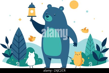 Cute illustrated bear holding a lantern, surrounded by whimsical forest animals and plants. Charming woodland scene for children's books, education, o Stock Vector