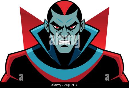 Illustration of a menacing cartoon villain with an angry expression, dressed in a red and black costume with blue accents. Stock Vector