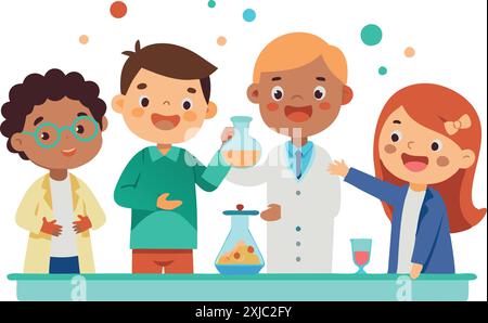 Group of children conducting a fun science experiment in a classroom using laboratory equipment. Stock Vector