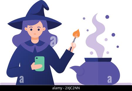 A cartoon witch holding a smartphone and casting a spell with a boiling potion in a cauldron. Illustration depicting modern magic and technology. Stock Vector