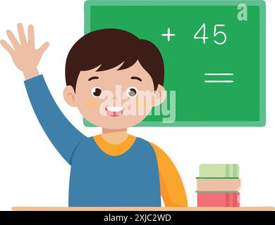 Illustration of a smiling boy raising his hand in a classroom with a green chalkboard and math equation in the background. Stock Vector