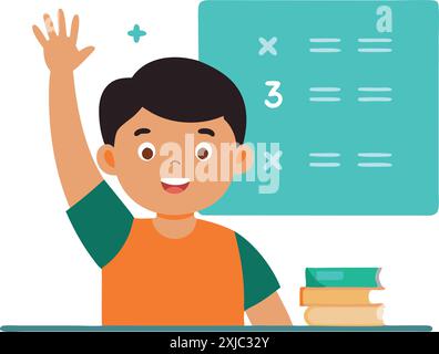 Happy school boy raising his hand during a math lesson in class. Education and participation concept with books on the desk. Stock Vector