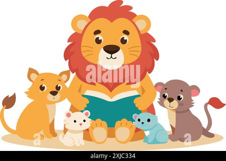 Illustration of a cute cartoon lion reading a book to baby animals. Perfect for storytelling, learning, and education concepts. Stock Vector