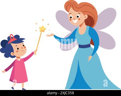 Cute illustration of a fairy granting wishes to a young girl holding a magic wand, symbolizing fantasy, magic, and childhood joy. Stock Vector