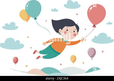 A cheerful child is floating in the sky, holding colorful balloons. This whimsical illustration conveys a sense of joy, freedom, and imagination. Stock Vector