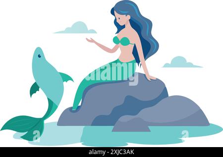 A colorful cartoon illustration of a mermaid sitting on a rock while a fish jumps out of the water in the ocean. Stock Vector